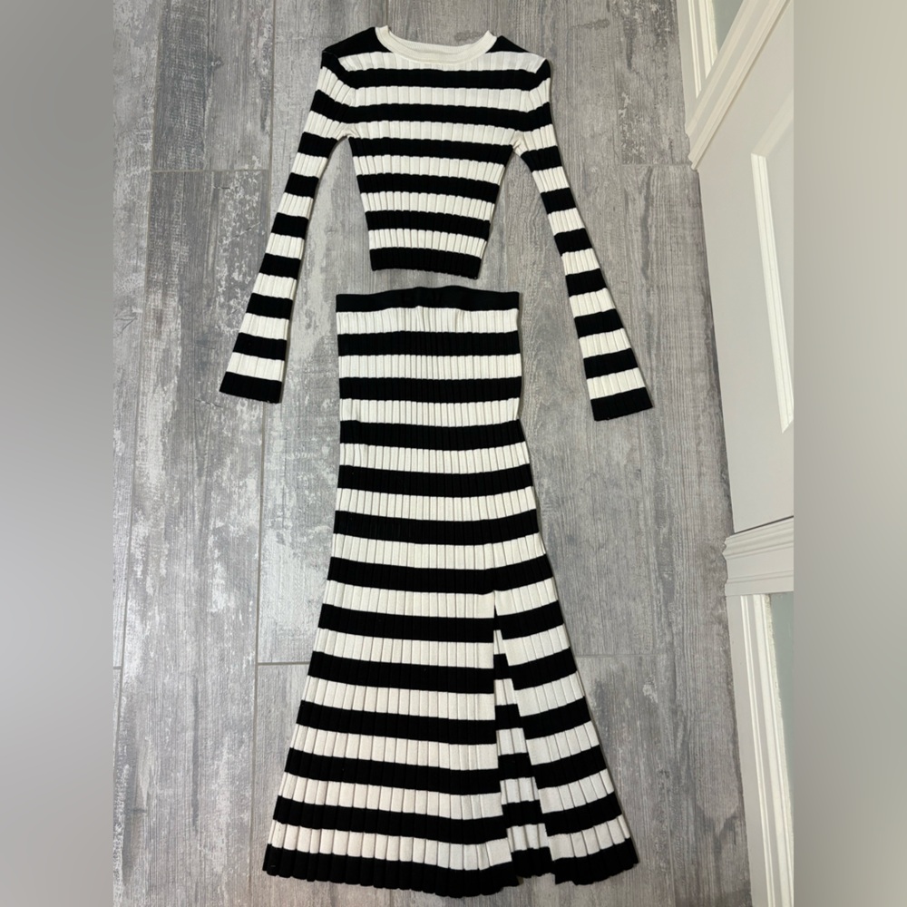A New Day Bodycon Black and White Striped Set